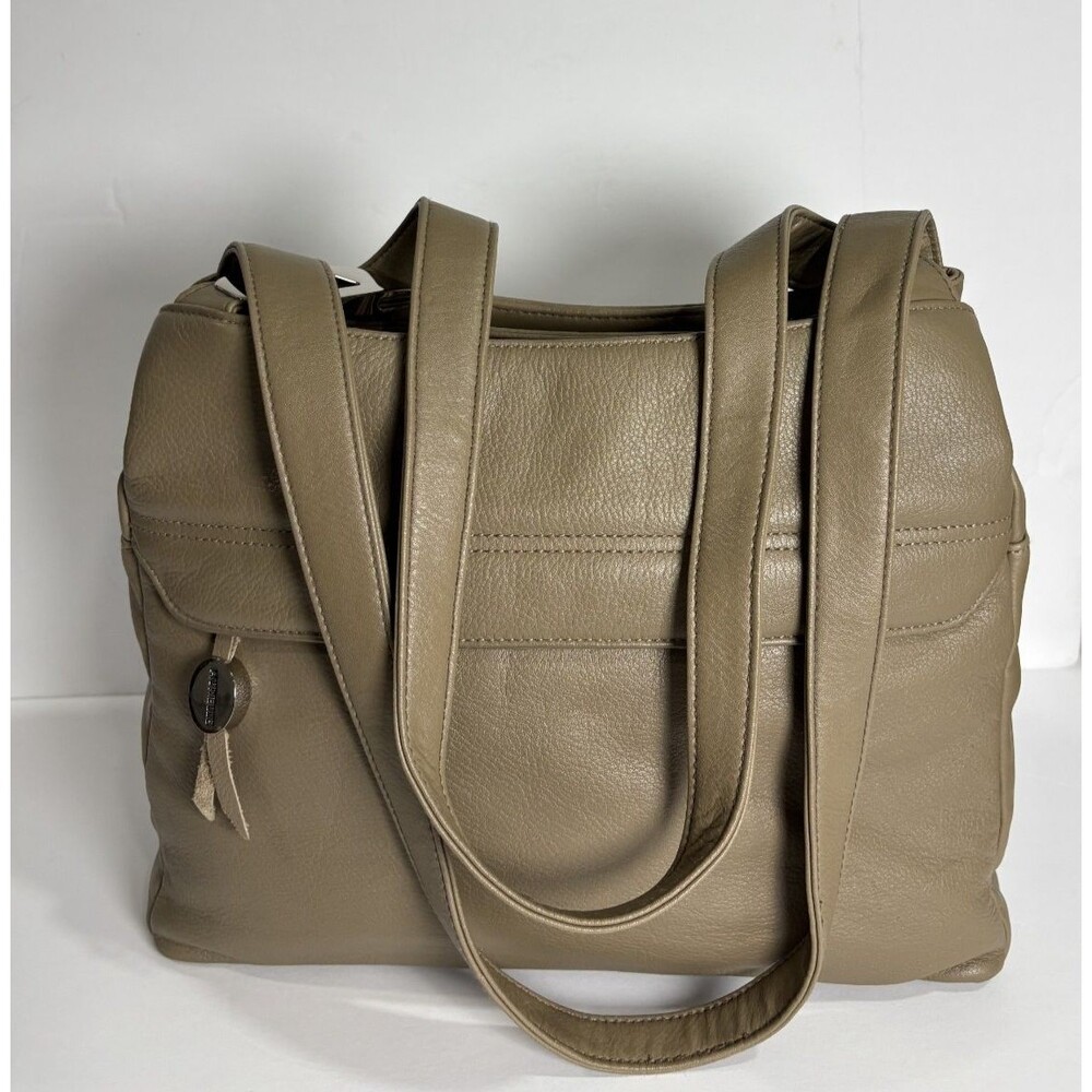Aurielle Women's Beige Leather Shoulder Bag Handbag Tote with Silver Accents